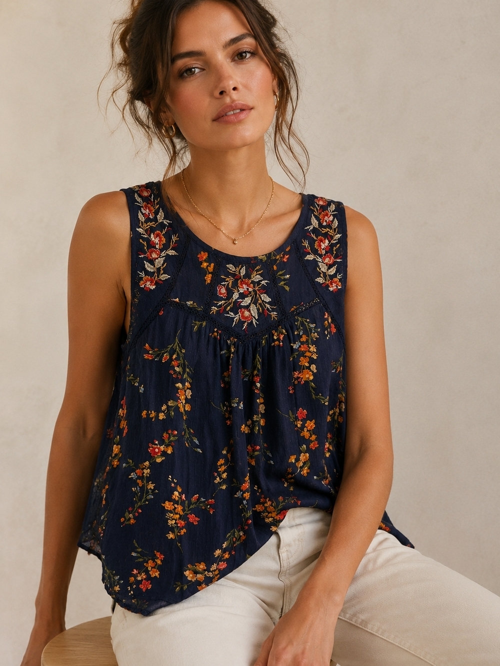 Embroidered Lace Navy Blue Floral Sleeveless Peasant Top. Boho